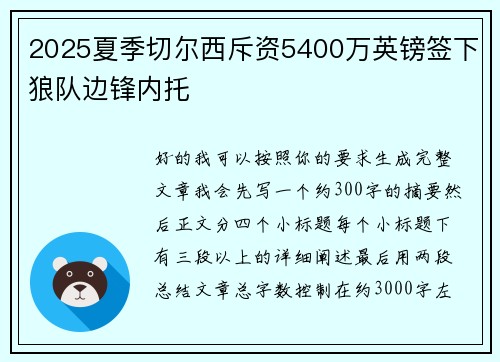 2025夏季切尔西斥资5400万英镑签下狼队边锋内托