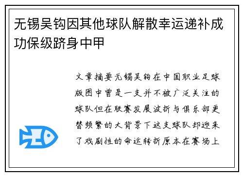 无锡吴钩因其他球队解散幸运递补成功保级跻身中甲
